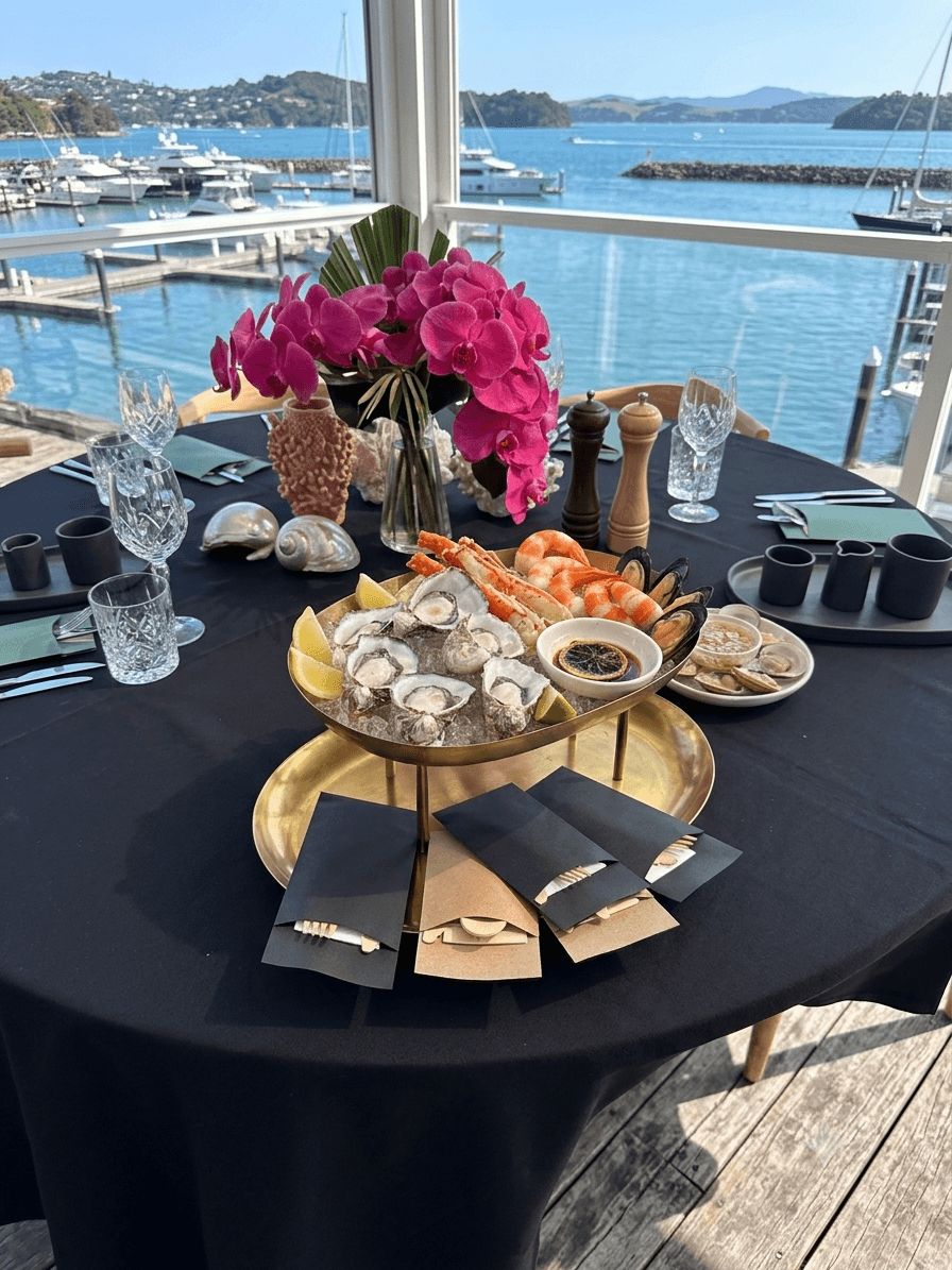 seafood platter on table with disposable cutlery packs
