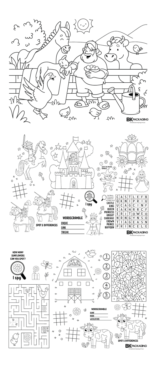 assorted design kids games on placemats in a banner