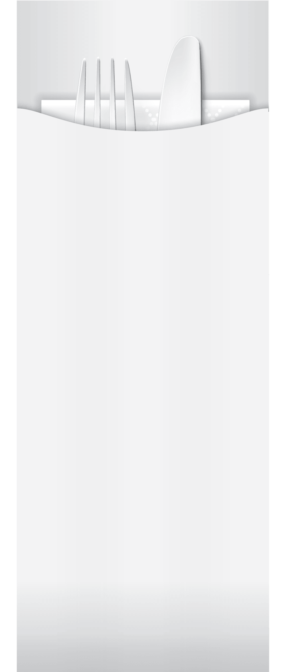 white paper cutlery pouch with white napkin and cutlery 