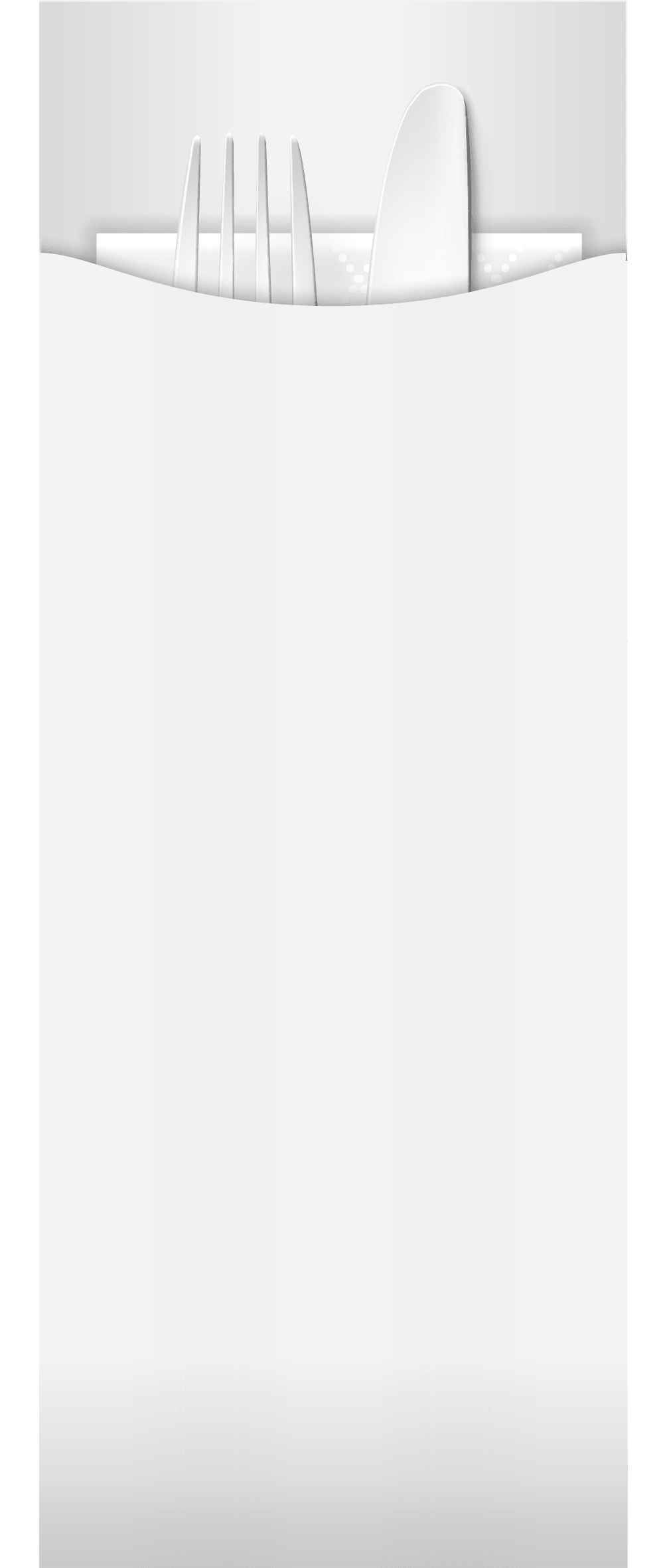 white paper cutlery pouch with white napkin and cutlery 