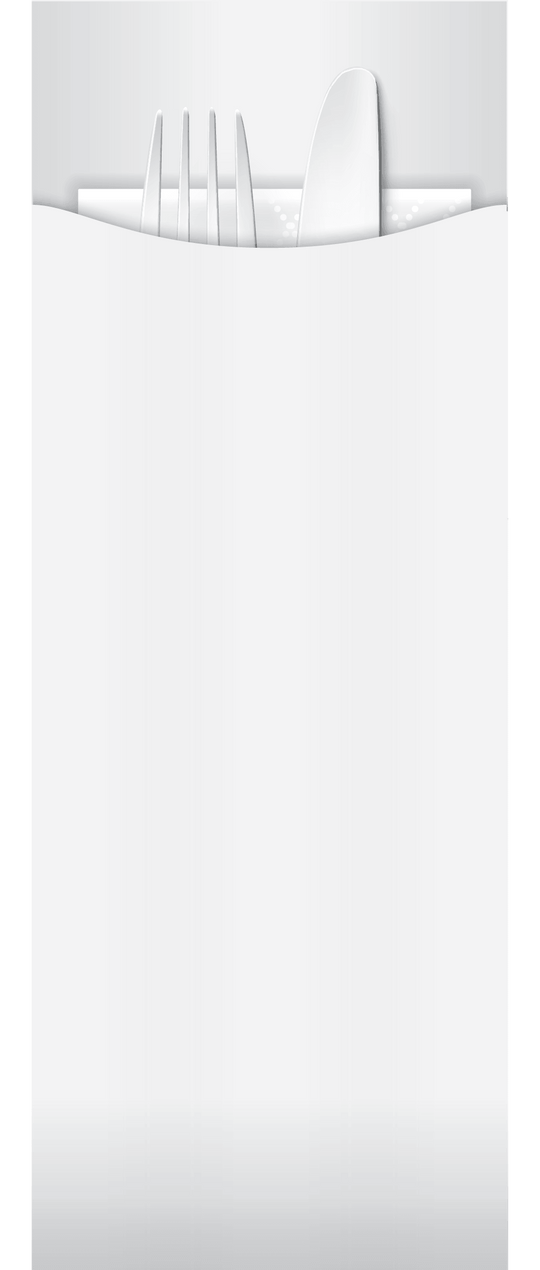 white paper cutlery pouch with white napkin and cutlery 
