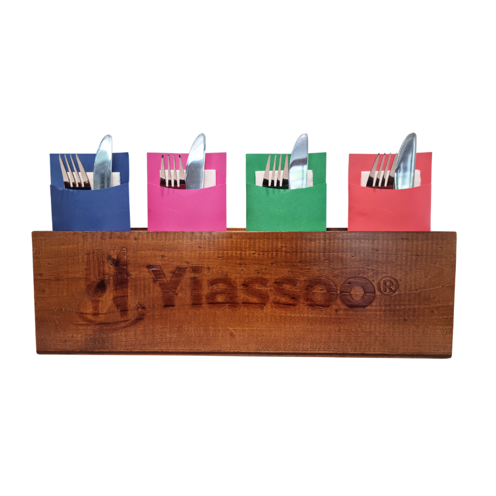 wooden cutlery pouch box with cutlery pouches blue, pink, green and orange-red