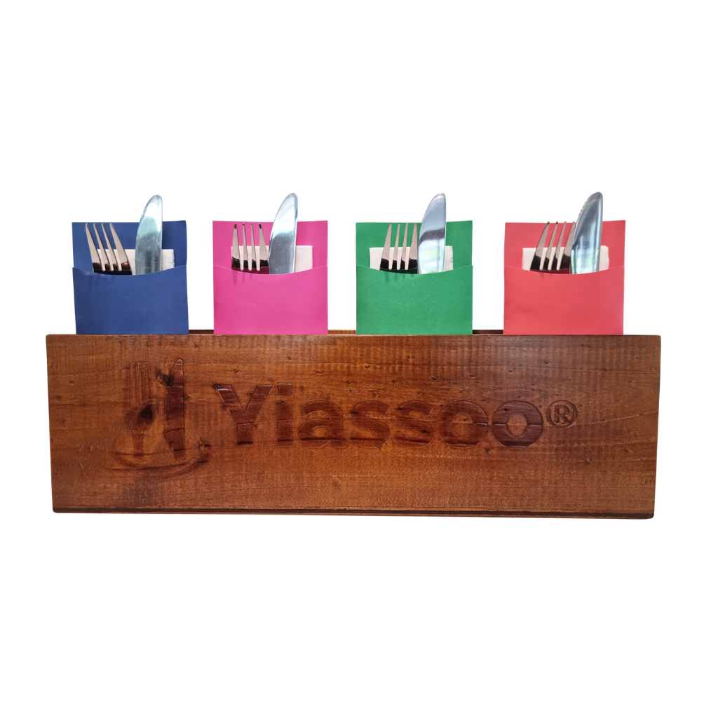 wooden cutlery pouch box with cutlery pouches blue, pink, green and orange-red