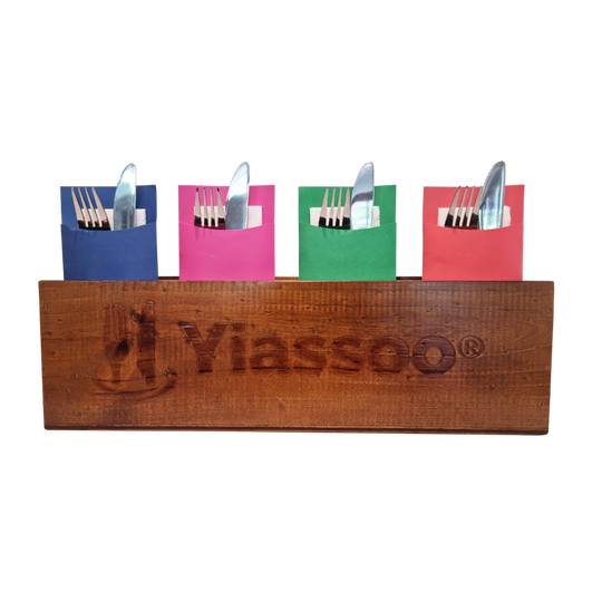 wooden cutlery pouch box with cutlery pouches blue, pink, green and orange-red