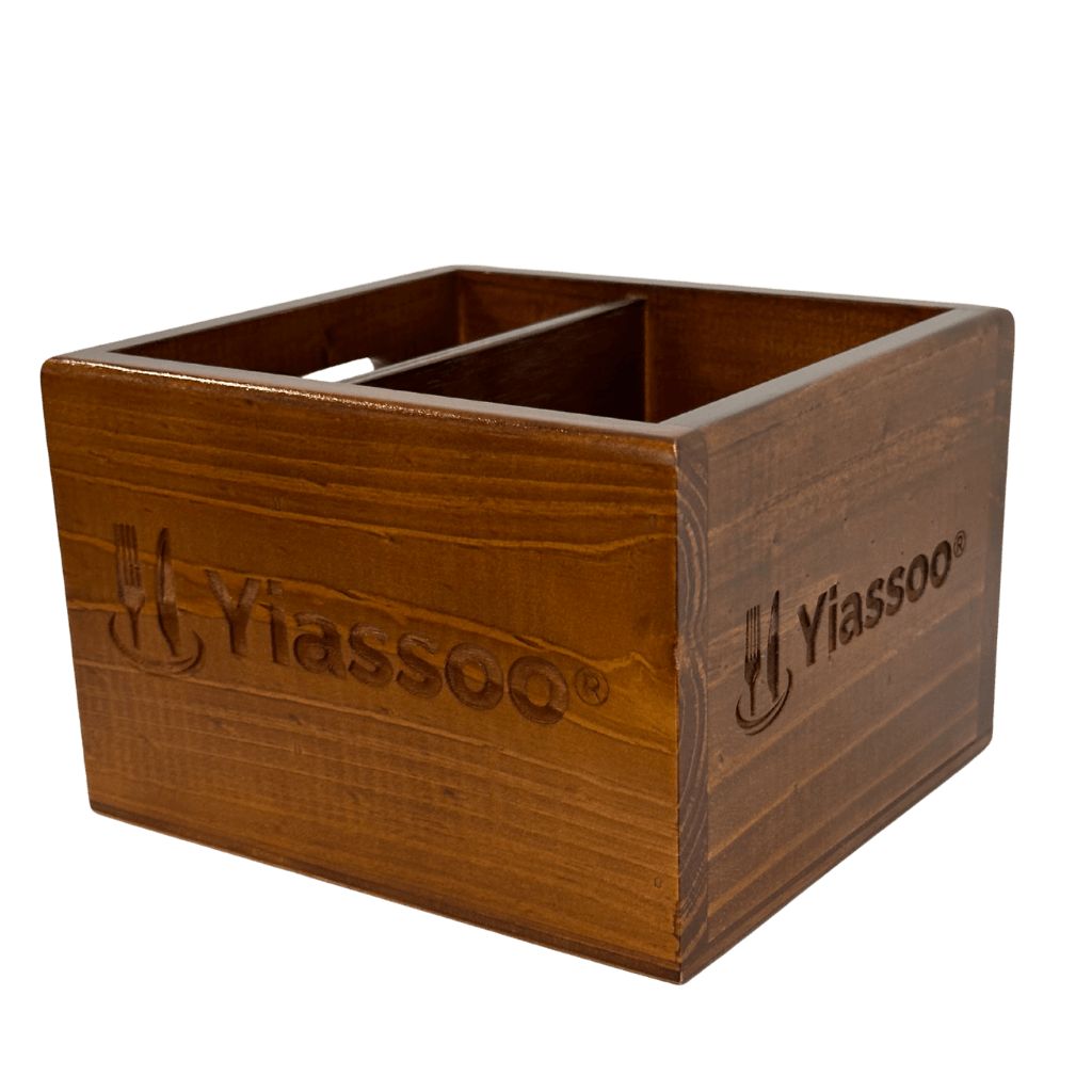 wooden condiment box on an angle