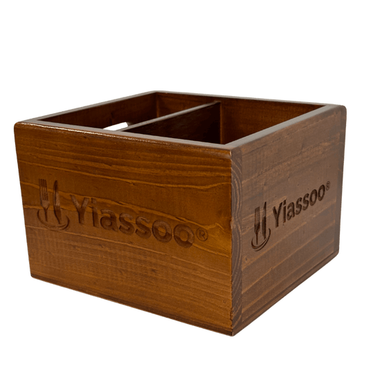 wooden condiment box on an angle