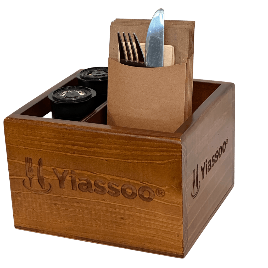 WOODEN CONDIMENT CADDY WITH cutlery pouch and sale and pepper shakers