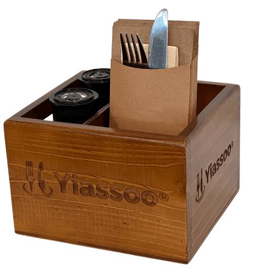 WOODEN CONDIMENT CADDY WITH cutlery pouch and sale and pepper shakers
