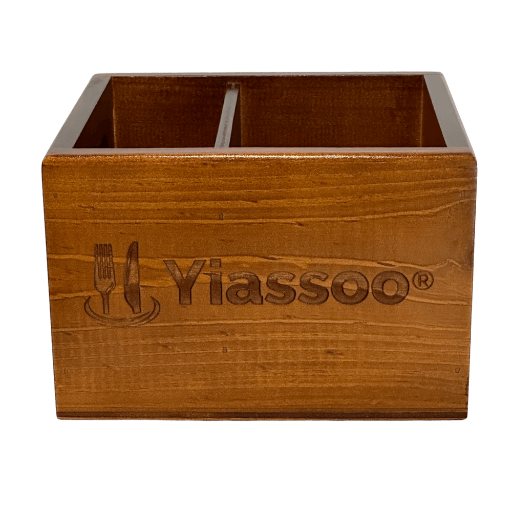 wooden condiment caddy with inner dividers shown 