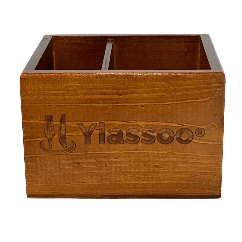 wooden condiment caddy with inner dividers shown 