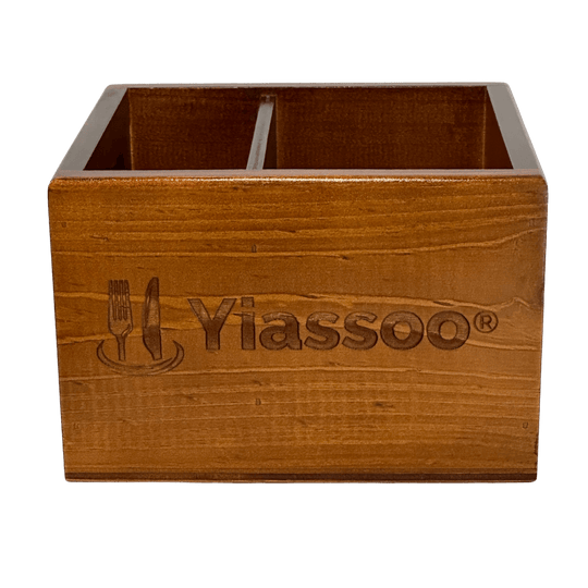 wooden condiment caddy with inner dividers shown 