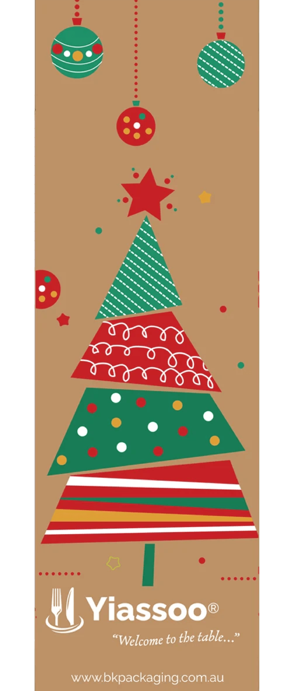 back of christmas paper cutlery pouch with Yiassoo logo