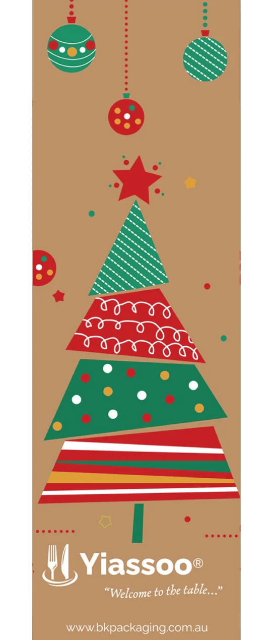 back of christmas paper cutlery pouch with Yiassoo logo
